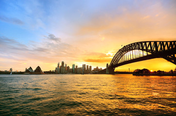Fototapeta na wymiar Panorama of Sydney Harbour at sunset
