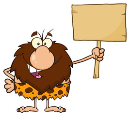Obraz premium Happy Male Caveman Cartoon Mascot Character Holding A Wooden Board