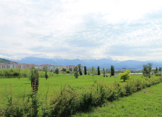 summer garden mountain and blue sky