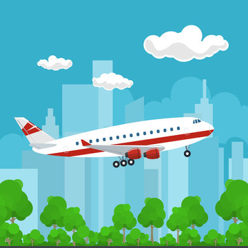 Airplane on the Background of the City, Plane Flies to the East, Travel and Tourism Concept , Air Travel and Transportation, Vector Illustration