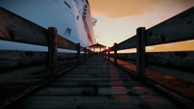 Passengenrs waiting to embark on cruise ship, timelapse sunrise, sound included