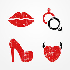 Woman, passion and relationship symbols, retro grunge style, bright red color, typical passion icons - lips, heart, high heeled shoe, Mars and Venus symbols