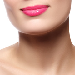 Sexy Lips. Beauty pink Lip Makeup Detail. Beautiful Make-up Clos