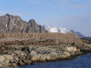 Trockengestelle für Stockfisch in Svolvær auf den Lofoten