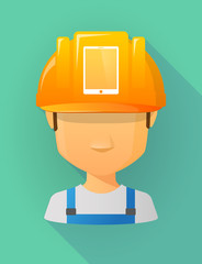 Worker male avatar wearing a safety helmet with a tablet compute