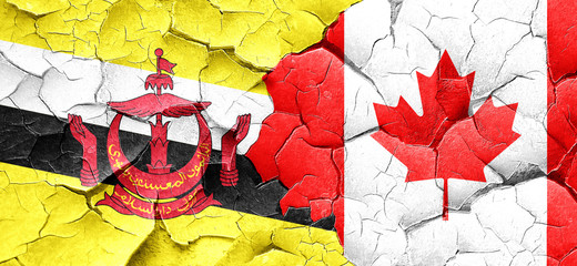 Brunei flag with Canada flag on a grunge cracked wall