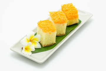 Foi Thong Cake on white background : dessert made from egg yolks