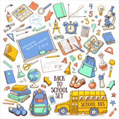 Back to school color sketchy set with supplies, schoolbus, backpack, chalkboard, globe