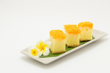 Foi Thong Cake on white background : dessert made from egg yolks