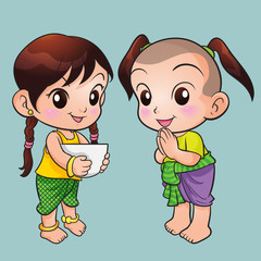 Traditional Thai Children character standing.children with Thai costume,illustration of isolated cute boy and girl in Thai traditional dress greeting.Thai kids in traditional costume.