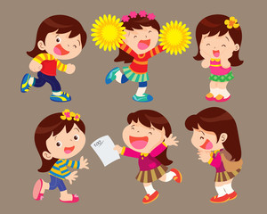 vector cute cartoon girl actions set.