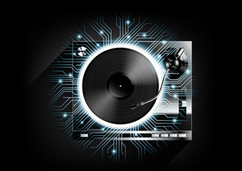 Vinyl record player turntable on black background and long shadow with technology concept, Vector