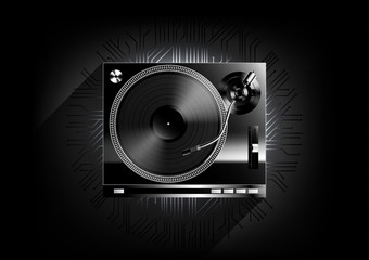 Vinyl record player turntable on black background and long shadow with technology concept, Vector