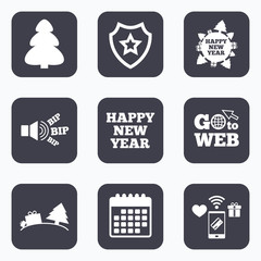 Happy new year sign. Christmas trees.