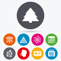 Happy new year sign. Christmas trees.