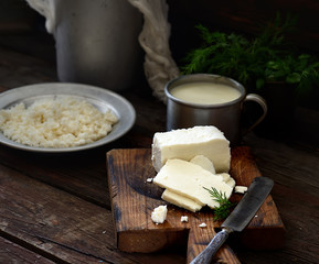 Fototapeta na wymiar cottage cheese on a cutting board, cup of milk and water-can. rustic style