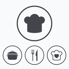 Chief hat, cooking pan icons. Fork and knife.