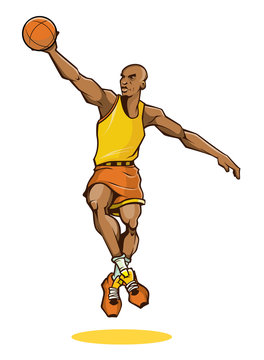 basketball player jumping, orange ball, yellow shirt clip art preview