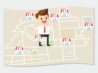 businessman planning expansion franchise business in urban map