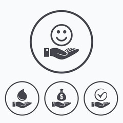 Smile and hand icon. Water drop, Tick symbol.