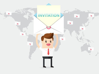 businessman or employer turn up invitation card and sending envelope in global..