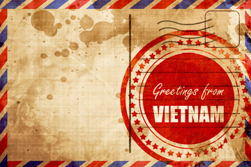 Greetings from vietnam, red grunge stamp on an airmail backgroun © Argus