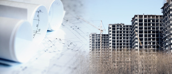 Collage with construction plans and a construction place of modern office buildings, Cold toning