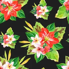 Plexiglas foto achterwand Seamless background with watercolor tropical flowers.  © monamonash