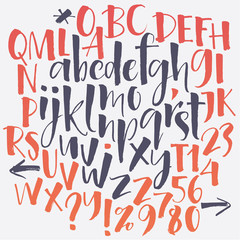 Alphabet letters: lowercase, uppercase, numbers. Vector alphabet. Hand drawn letters. Letters of the alphabet written with a soft watercolor paint brush