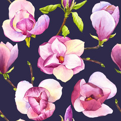 Spring seamless background with watercolor magnolia. 