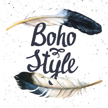 Illustration with boho-chic label. Watercolor feathers.