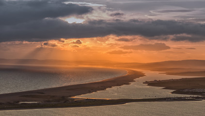Chesil Beach on Dorset's Jurassic Coast at sunset.