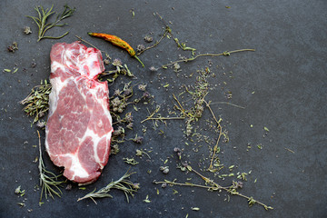 Fresh meat and aromatic herbs on dark background