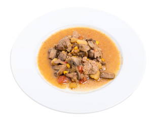 Stewed chicken liver with mushrooms and potatoes.