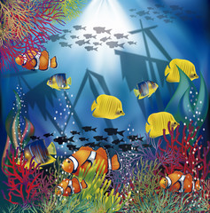 Fototapeta na wymiar Underwater wallpaper with tropical fish, vector illustration