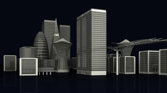 Illustration of Modern City Buildings on dark