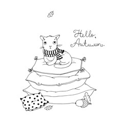 Cute cartoon cat on cushions.