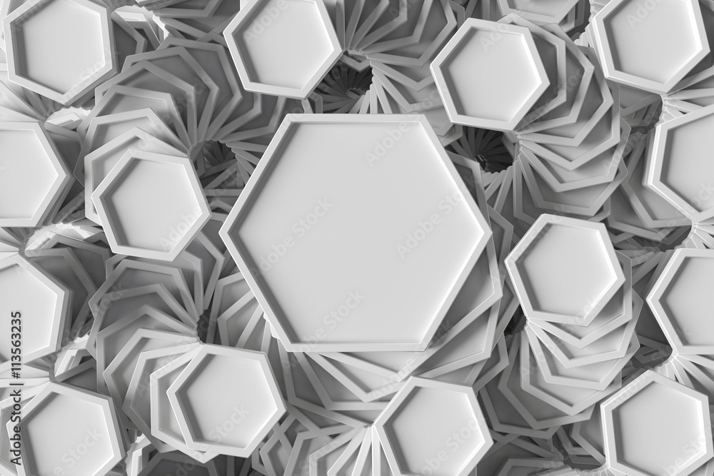 Poster abstract 3d rendering background with repeating geometric figures that has a twirl rotation