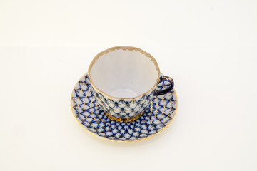 Coffee cup and saucer production of the Imperial (Lomonosov) Porcelain Factory. Branded cobalt mesh...