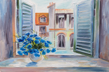 oil painting. flowers in the balcony, beautiful rooftops in summer, colorful watercolour - obrazy, fototapety, plakaty