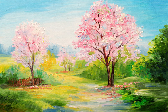 oil painting, colorful forest, сherry blossoms, art watercolour