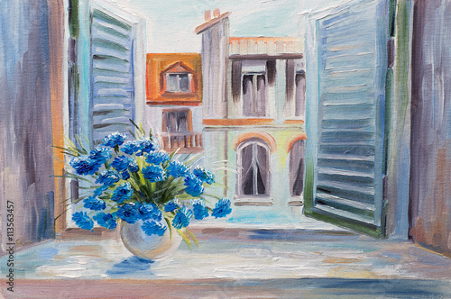 Stock illustration of oil painting. flowers in the balcony, .