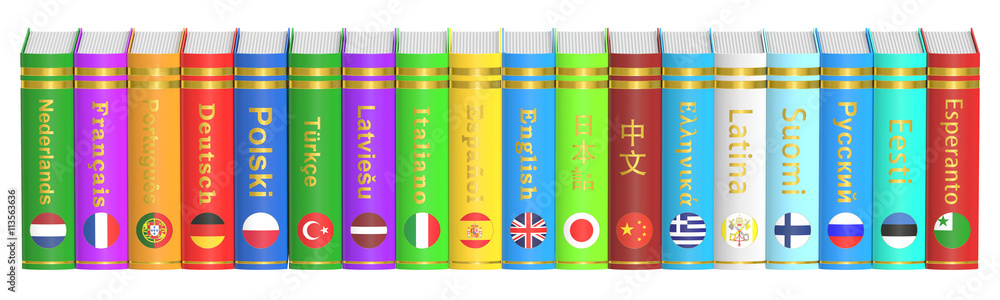 Poster row of languages books, 3d rendering