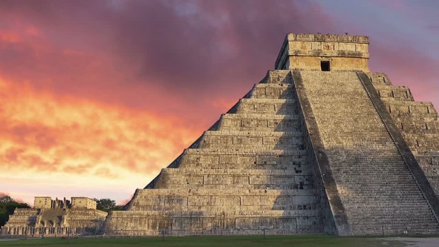 mayan ruins of chichen itza at sunset kukulcan temple dolly lateral movement