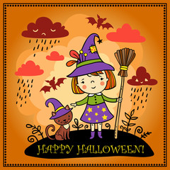Cute Halloween background with witch and a cat.