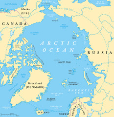 Arctic Ocean map with North Pole and Arctic Circle. Arctic region map with countries, national borders, rivers and lakes. Map without sea ice. English labeling and scaling.