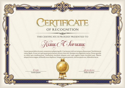 Certificate of Recognition Vintage Frame. 