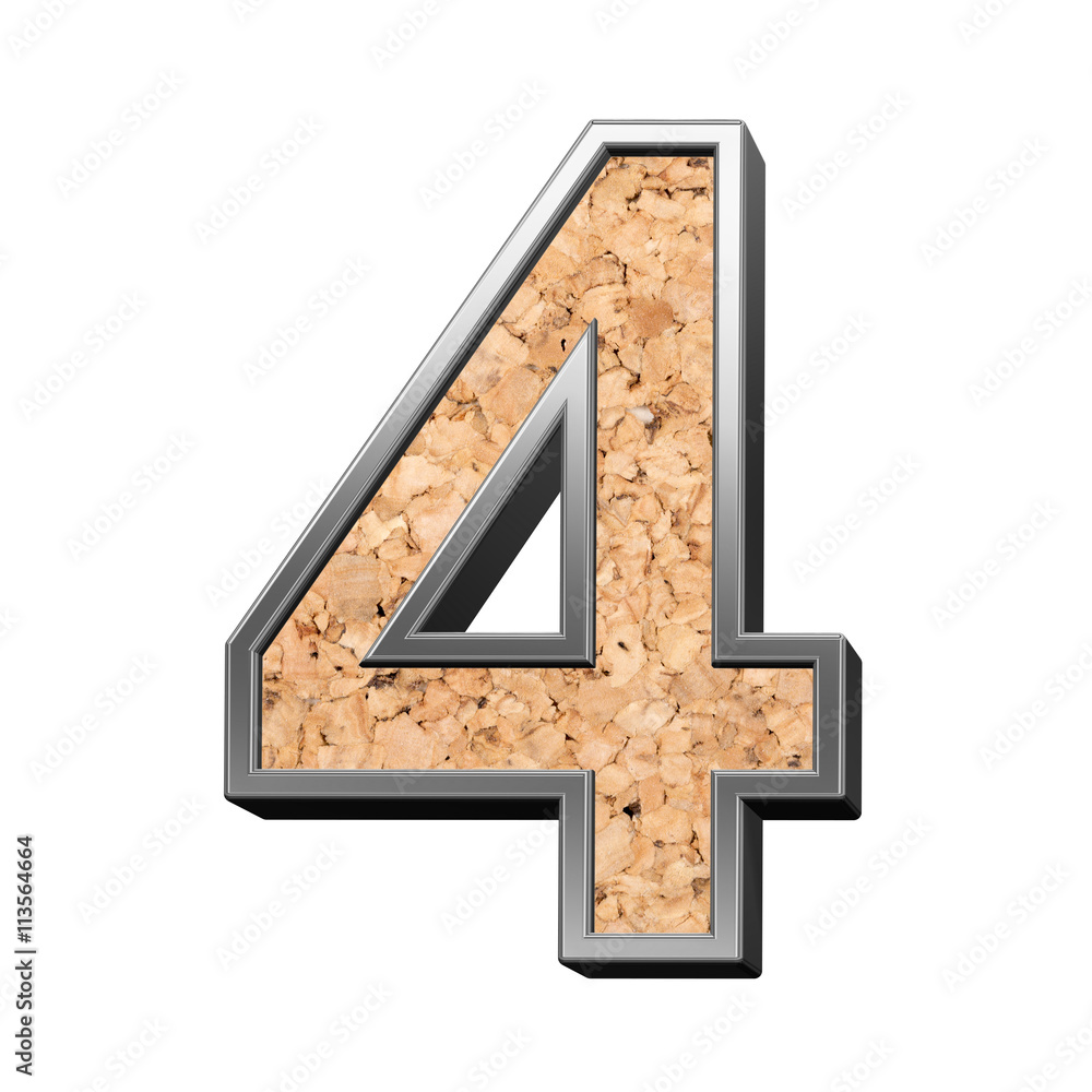 Fototapete one digit from cork with silver shiny frame alphabet set, isolated on white. 3d illustration.