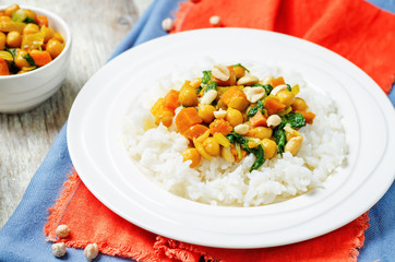 Sweet potato spinach chickpea curry with rice