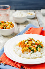 Sweet potato spinach chickpea curry with rice